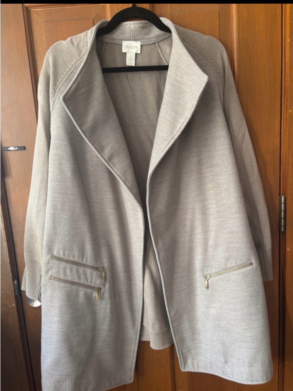 Chico's Taupe Knit Open-Front Coatigan with Gold Zippers - Picture 9 of 9